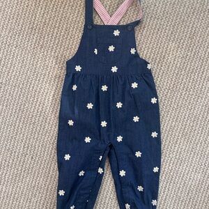 Navy Overalls with White Daisy Embroidery and Pink Striped Straps